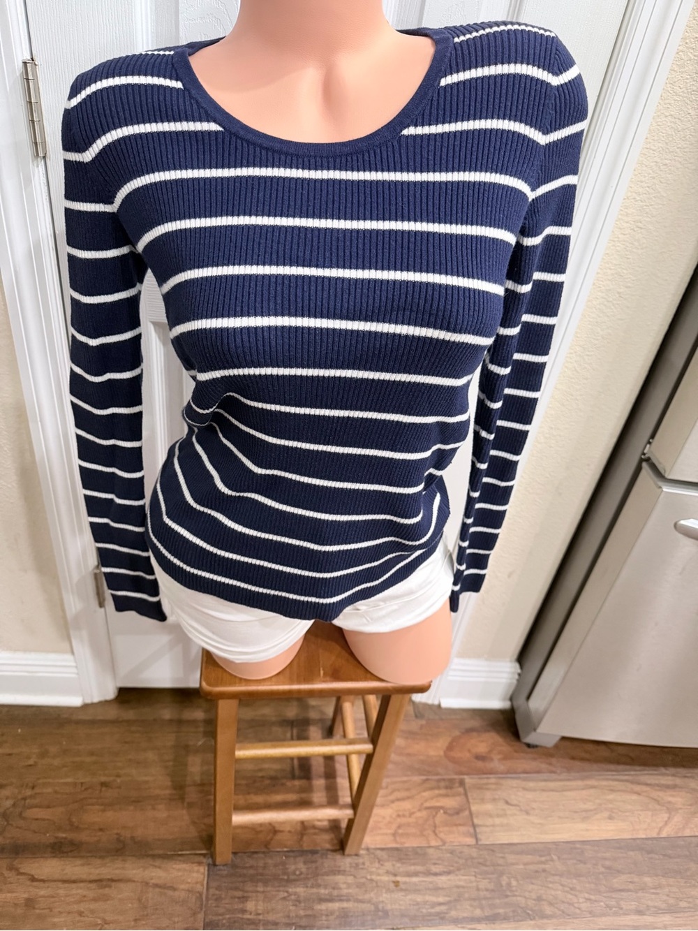 Gap Navy White Striped Rib Knit Sweater Womens Small Scoop Neck Long Sleeve